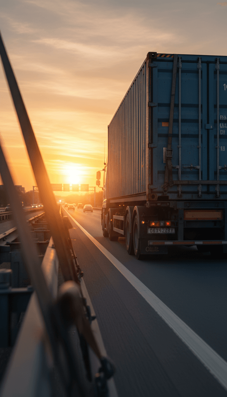 Loaded container truck on highway during golden hour delivery